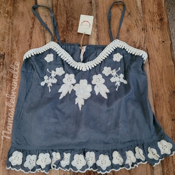 NWT Boho Blue Embroidered & Beaded Babydoll Tank Top - Picture 11 of 15